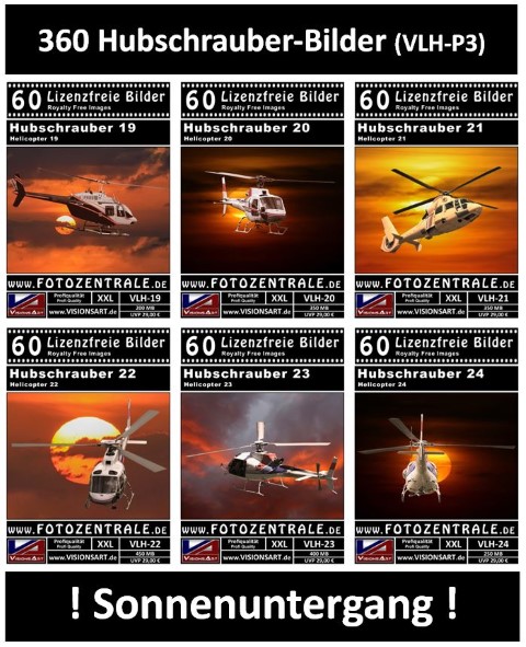 360 Lizenzfreie Bilder - Hubschrauber - Sonnenuntergang (Sparpaket VLH-P3-360)